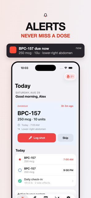 A notification: BPC-157 due now, 250 mcg, 10u, lower-right abdomen, above the Today tab showing an overdue shot