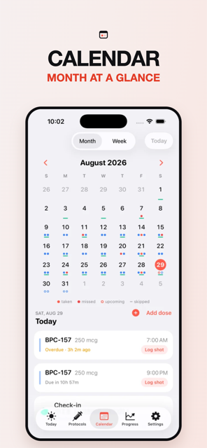 The Calendar tab for August 2026 with taken, missed, upcoming and skipped dots on each day