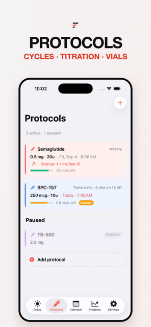 The Protocols tab: Semaglutide weekly with a step-up to 1 mg, BPC-157 twice daily 4 weeks on / 2 off with 0.8 vials left and a Reorder badge