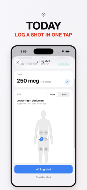 The Log shot sheet: dose 250 mcg (10 units), Front/Back body map with the suggested site marked and days since each site was used