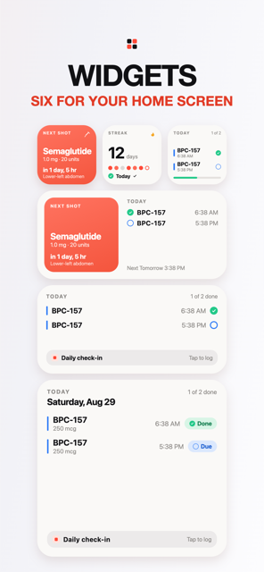 Six Peppy widgets: Next shot countdown, 12-day streak, Today list, and medium and large layouts
